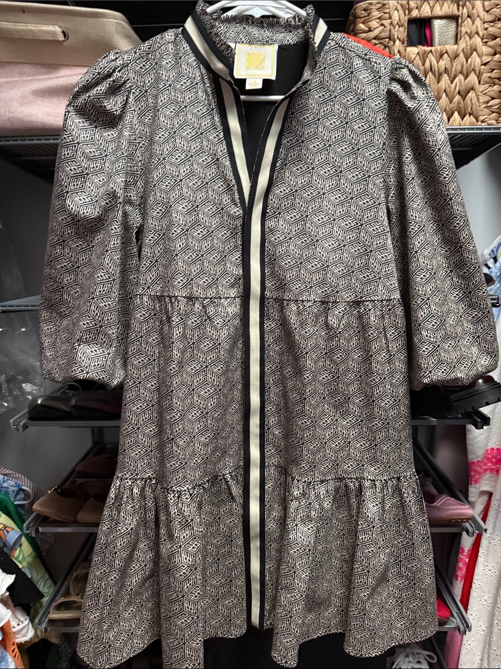Emily McCarthy Dark Brown and White Geo Tiered Midi Dress with Contrast Trim